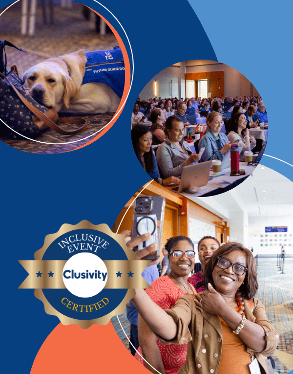 Clusivity Certification logo and images of diverse clinicians enjoying conferences and a service dog