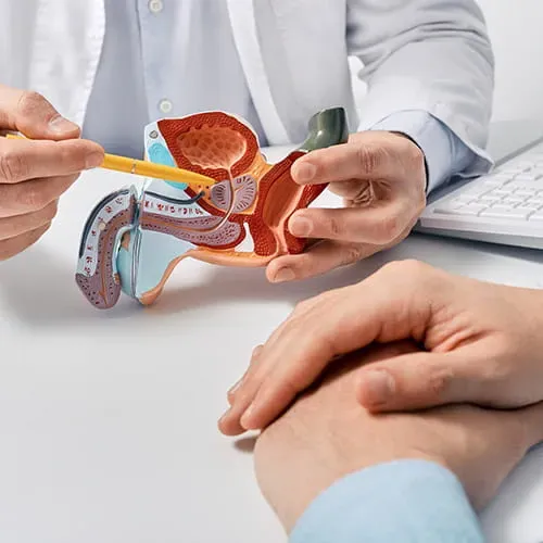 Doctor pointing to male reproductive system anatomical model