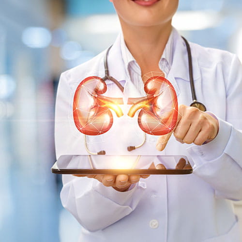 Illustration of a woman holding a tablet with kidneys hovering above