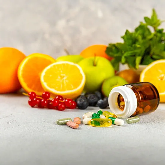 Multivitamins with fresh and healthy fruits.
