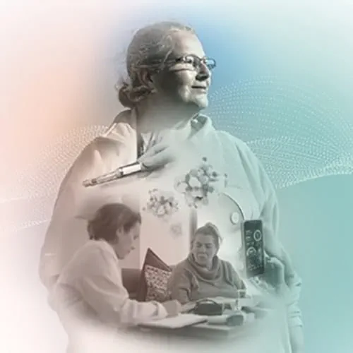 Illustration of a nurse looking off to the right with an overlay of a patient and doctor meeting