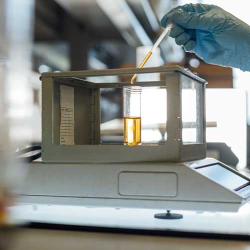 An unrecognizable woman wearing surgical gloves is taking a sample while working in a lab at a university in London.