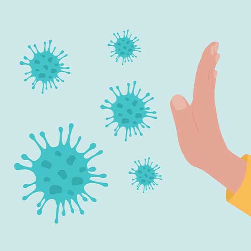 Stop Coronavirus. Side View Of Human Hand Gesturing Stop To Coronavirus Cells.