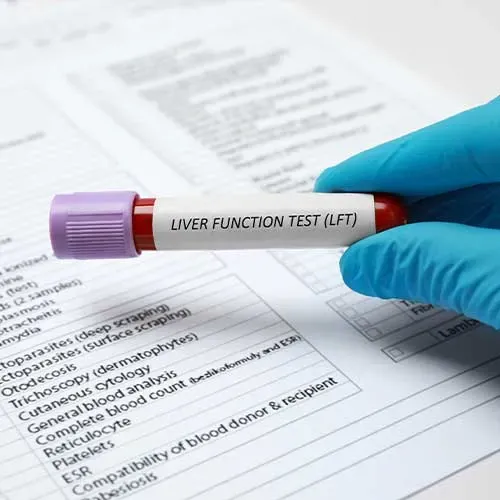 Laboratory worker holding tube with blood sample and label Liver Function Test near form at table, closeup