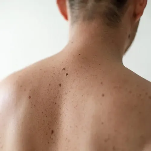 Close up detail of the bare skin on a man back with scattered moles and freckles