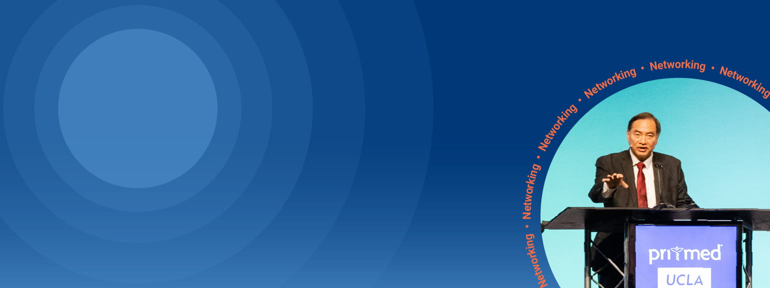 Blue concentric circles with a circular image of a speaker and the words Networking circling around the image.