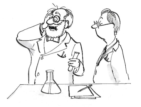 Cartoon of a puzzled scientist scratching his head over a test tube while a colleague looks on.
